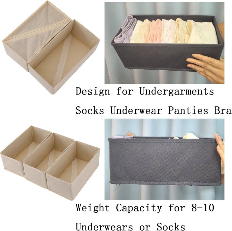 Bructhun Sock Drawer Organizer 3 Pack - Collapsible Fabric Storage Bins for Underwear Divider, Small Closet Organizers with 3 Compartments, Beige - Image 5
